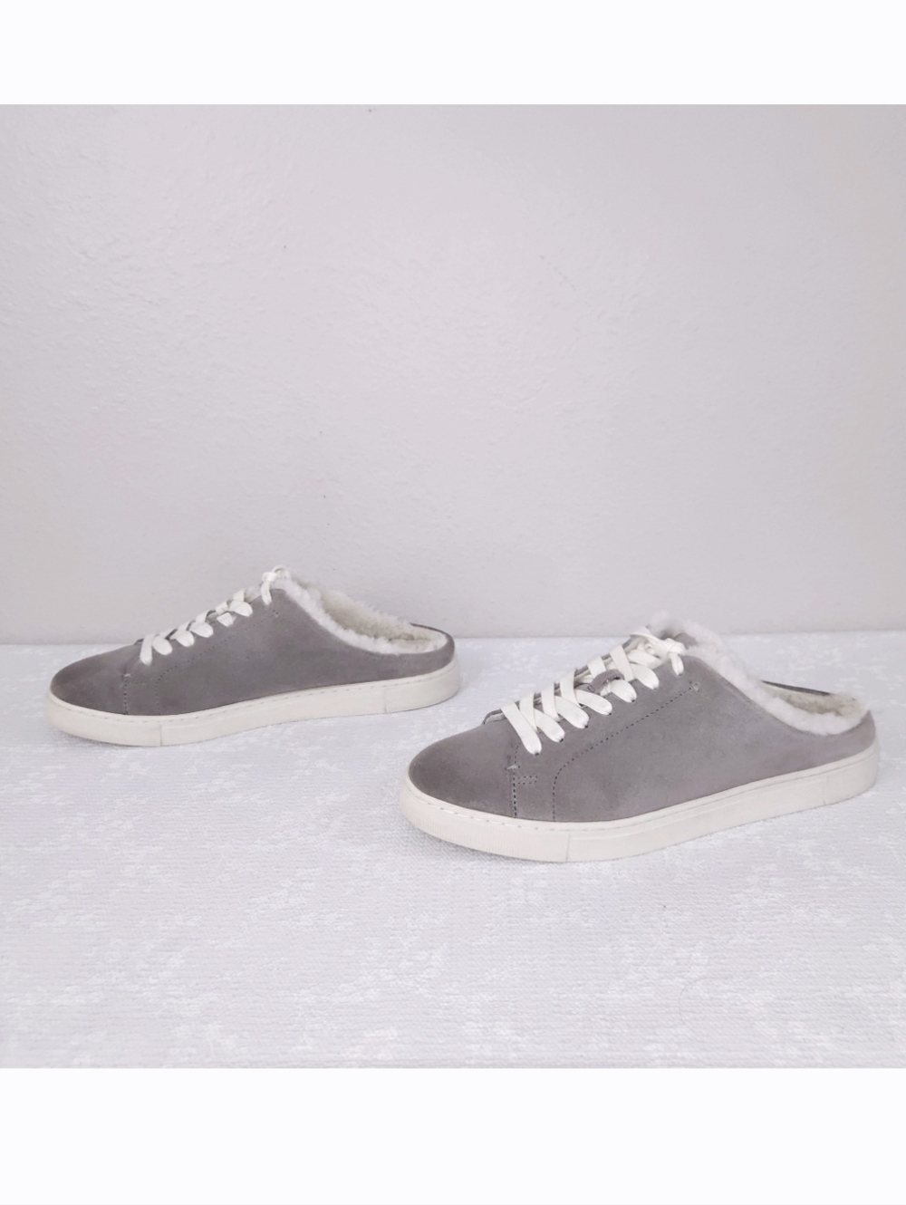 FRYE Ivy Shearling Mule Gray Suede Lace-Up Sneaker Flats US 10